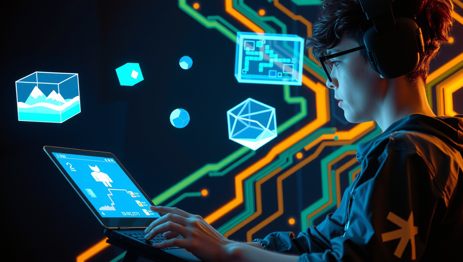 Futuristic game development scene